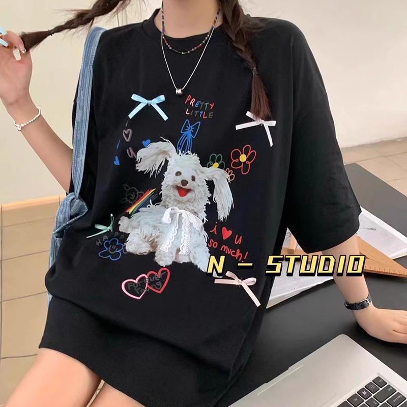

Korean Dongdaemun Plus Size Women s Bowknot Dog Print Loose Summer T-shirt, Short Sleeve, Style 8305 3XL чорний