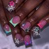 24Pcs Y2K Punk Short Duck Shaped Press On Nails Rose Pink Black French Tips With Diamond Star Flower Decor Fake Nails