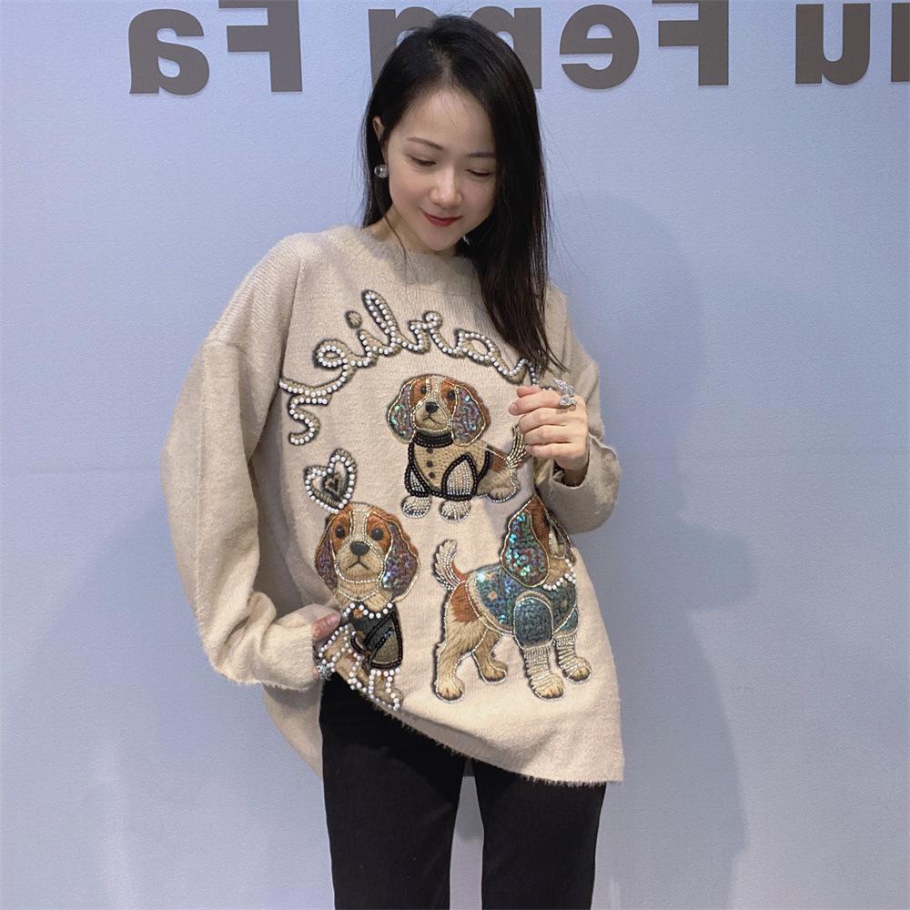 Beaded Round-neck Sweater Coat A New Design for Autumn and Winter Is A Three-dimensional Loose and Laid-back Style Knitted Top