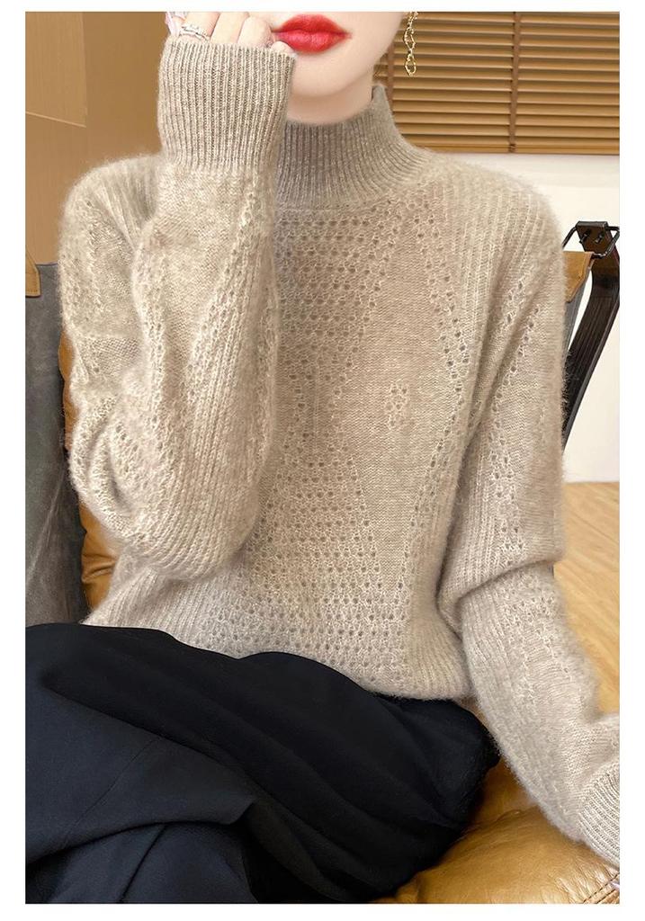 Thickened Wool Half-High Neck Diamond Cutout Pullover, Long Sleeve Women's Knit Sweater