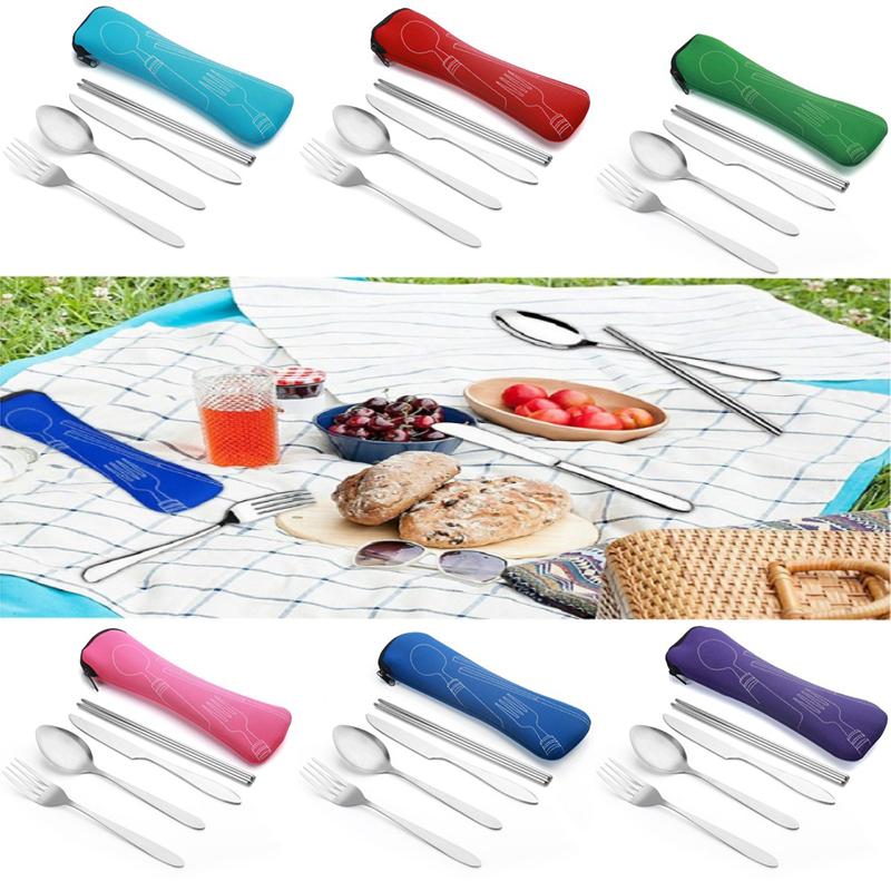 Steel 4pcs Stainless Fork Spoon Chopstick Travel Camping Cutlery Gift Set