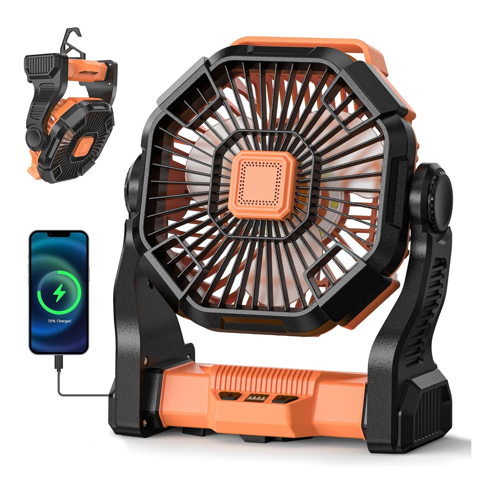 

Camping Fan Battery Power Portable Rechargeable Fans,Light,Hook 3 Speed Quiet Cordless USB Personal Cooling for Desk Home Beach оранжевый