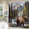 1pc Large Bear Shower Curtain - Nature Scene Bathroom Decor with Brown Bear, Mountain Landscape & Waterfall, Machine Washable