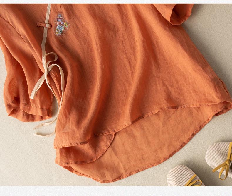 2024 Women's Cotton-Linen Embroidered Short Sleeve Shirt with Oblique Collar