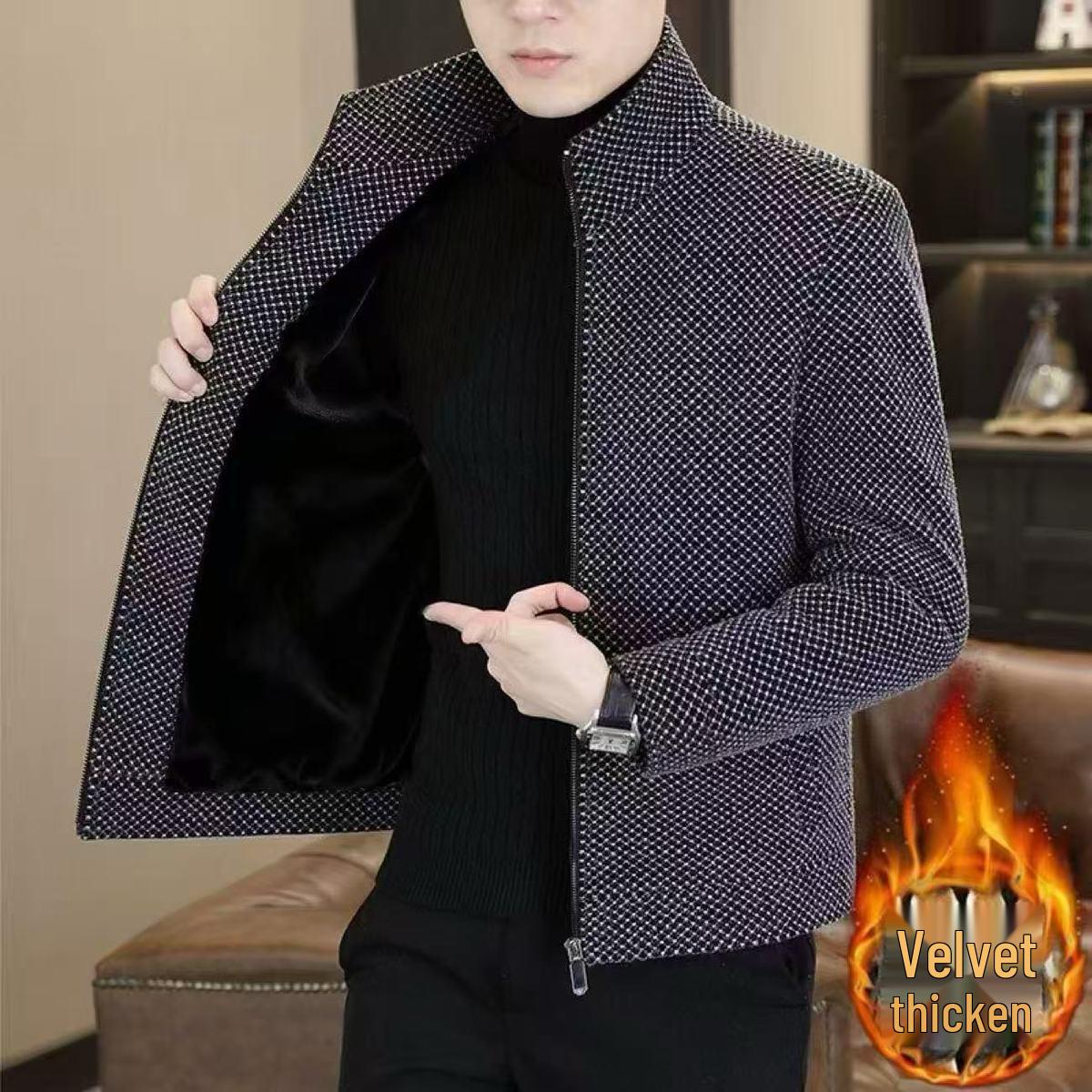

Men s High-End Plus Velvet Woolen Striped Lapel Coat - Warm, Versatile, Casual Jacket for Autumn and Winter. XL (recommended 120-130 jin)