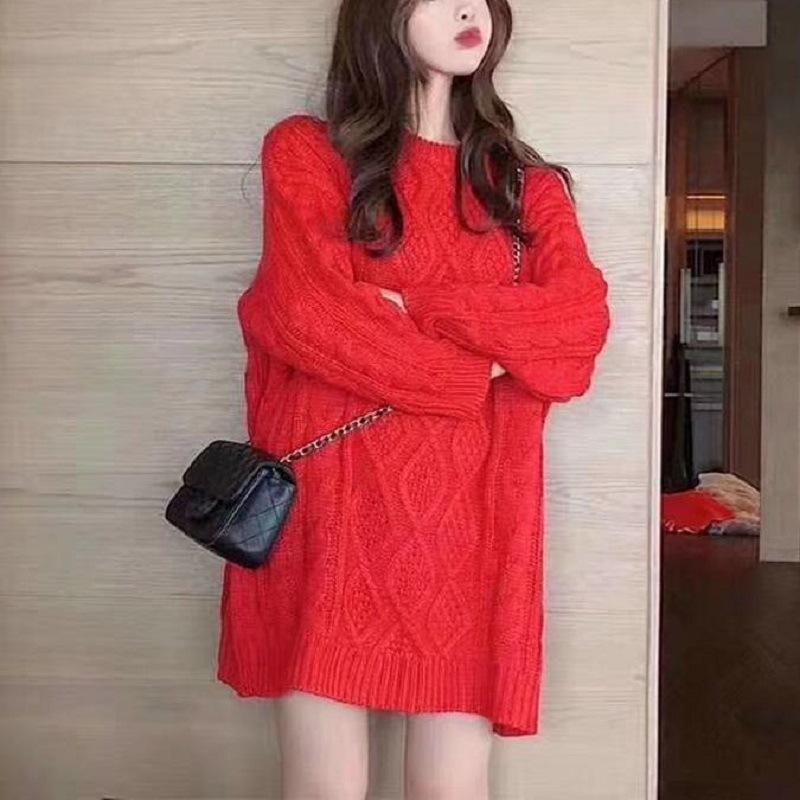 Wear a twist pink sweater for women's lazy style autumn and winter new soft waxy loose crew neck sweater for women's high sense