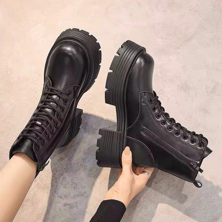 New thick-soled black Martin boots autumn and winter British style thick heel short boots small height-increasing boots