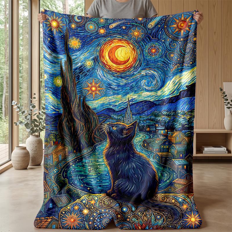Starry Night Cat Theme blanket Lightweight Warm Flannel Blanket Decorative Throw Blanket for Home Decoration