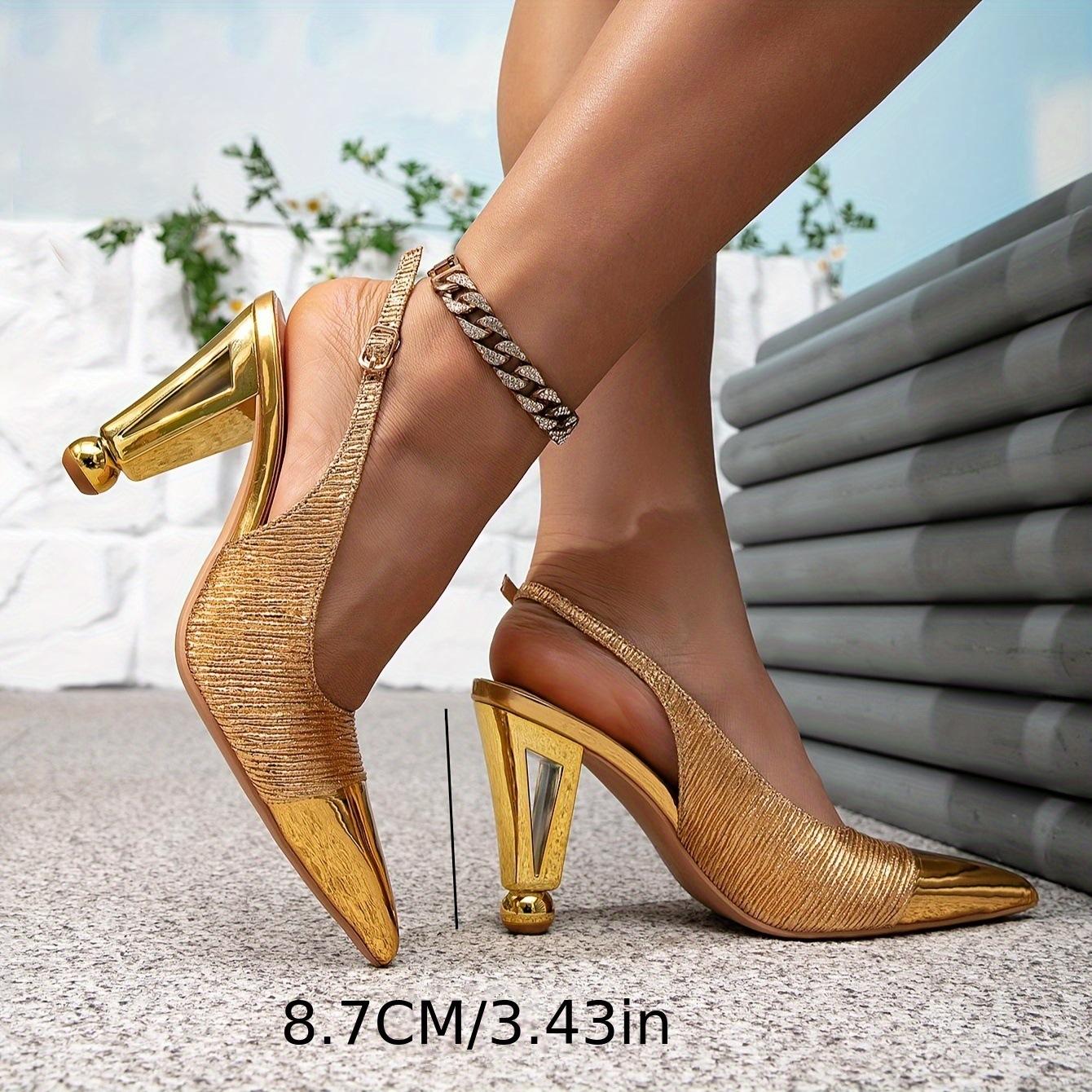 

Gold high-heeled sandals fashion party party party special-shaped heels pointed thin buckle high-heeled sandals new 42 золотий