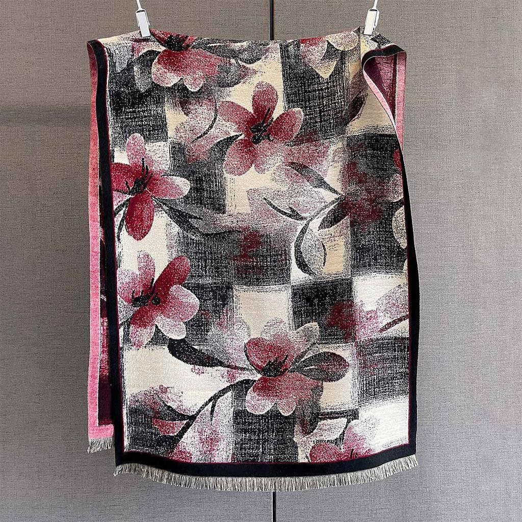 Autumn New Plant Flower Print Scarf Autumn and Winter Imitation Cashmere High-end Warm Scarf Shawl Women
