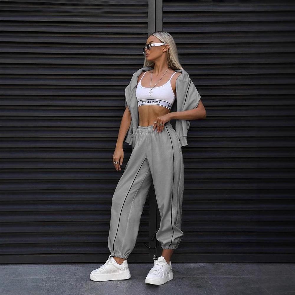 Damen Streetwear Mode Langarm Gestreifter Hoodie Hose Set Lässiges Zweiteiliges Lounge Outfit