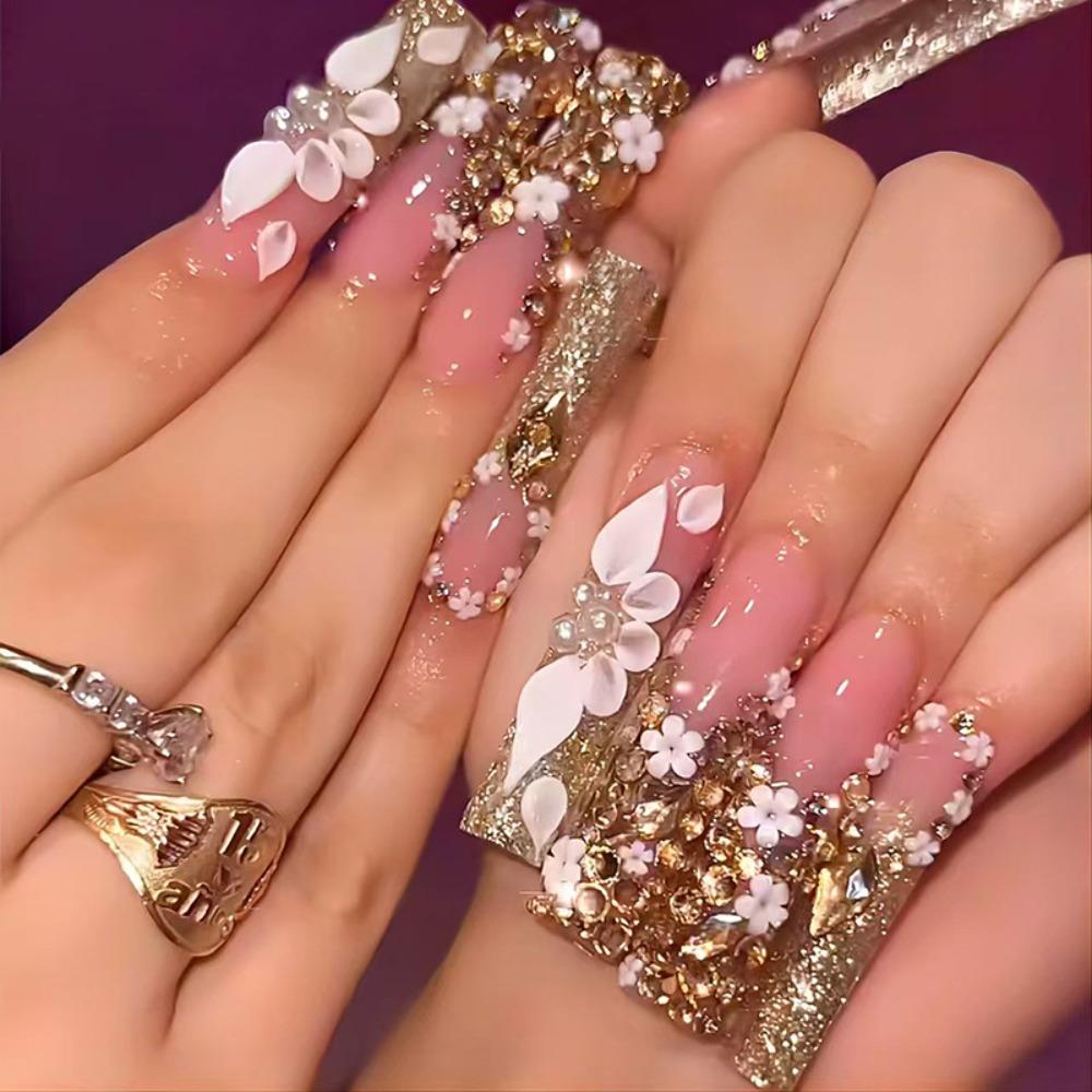 24pcs Long Water Pipe False Nails Sparkling Rhinestone White Flowers Nail Tips Green Daisies Full Cover Fake Nails DIY