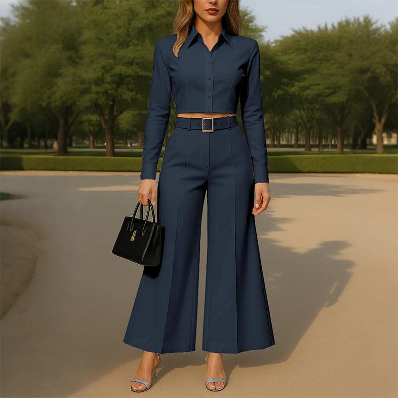 

ZANZEA Women Long Sleeve Cropped Blouse and Pants Casual Two Piece Suit Sets 5XL темно-синий
