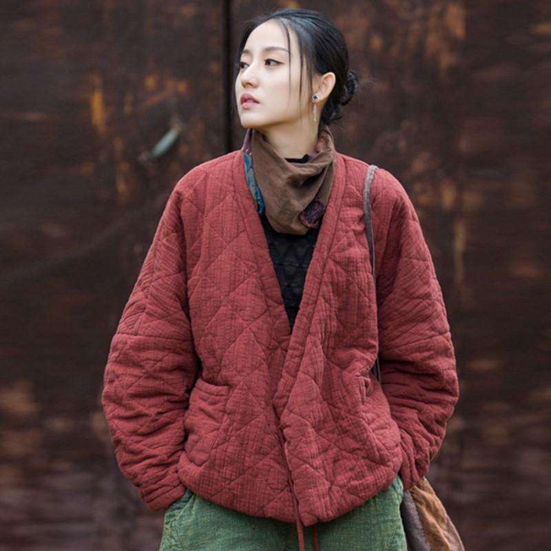 

Зимние парки в китайском стиле для женщин, на шнуровке, с хлопковым утеплителем, с длинным рукавом, свободные, с карманами, винтажные хлопковые парки One size красный