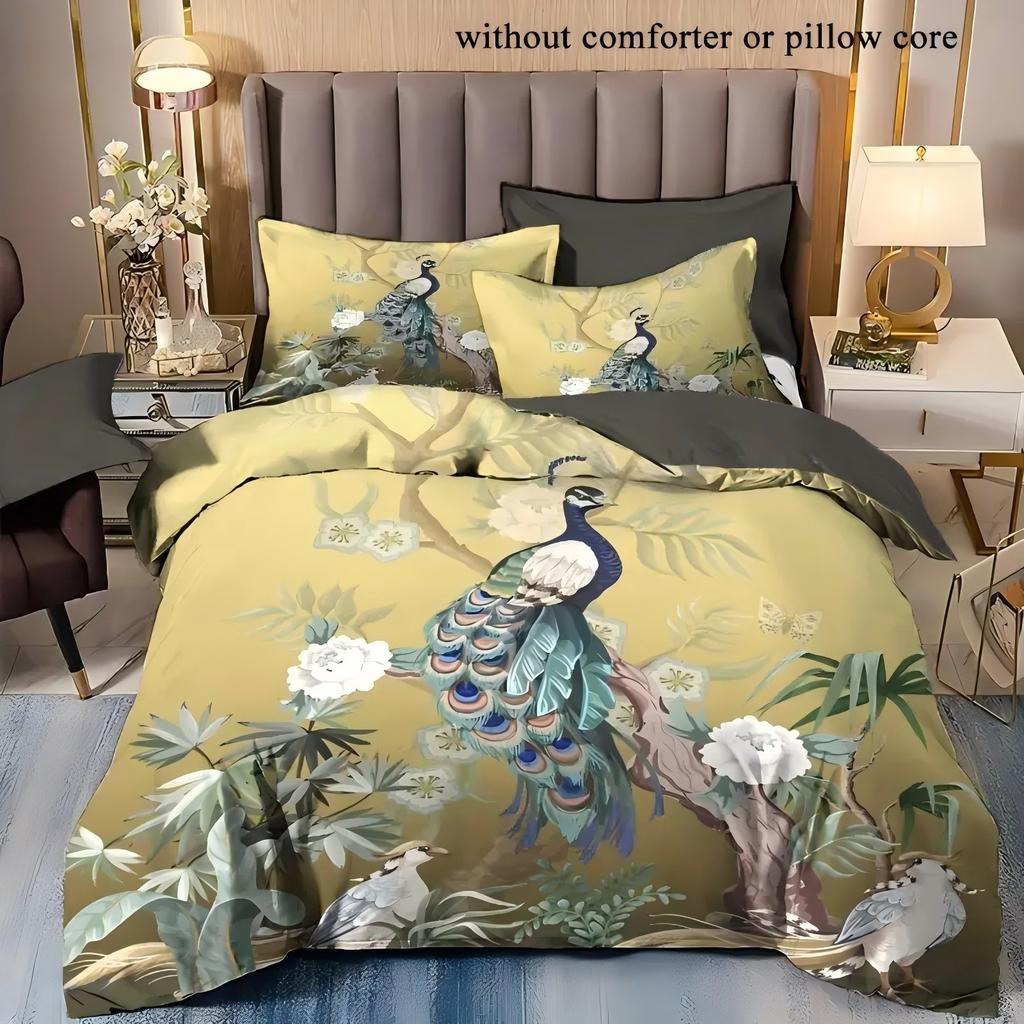 Peacock Flower Pattern 3D Printed Bedding Set Elegant Retro Style Quilt Cover Set Comfortable Polyester Duvet Cover Pillowcases