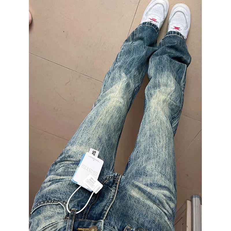 Small American Style Washed-out Vintage Worn Jeans Female High Waist Slim Looking Drape Narrow Version Straight Mopping Pants Summer