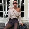 New Off Shoulder Skew Collar Floral Applique Mesh Chiffon Crop Tops Ruched Fall Elegant Long Sleeve See Through T Shirt