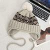 Korean Style Woolen Hat for Women with Retro Pattern Autumn and Winter Thickened Warm Ear Protection Straps Cute Fur Ball Knitted Lei Feng Hat