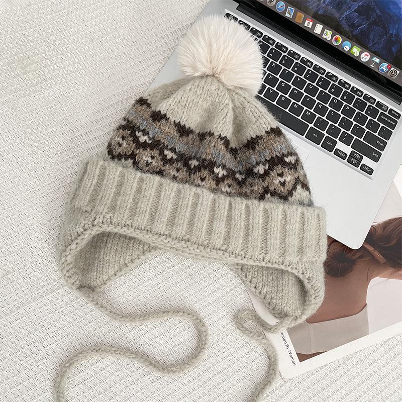 Korean Style Woolen Hat for Women with Retro Pattern Autumn and Winter Thickened Warm Ear Protection Straps Cute Fur Ball Knitted Lei Feng Hat
