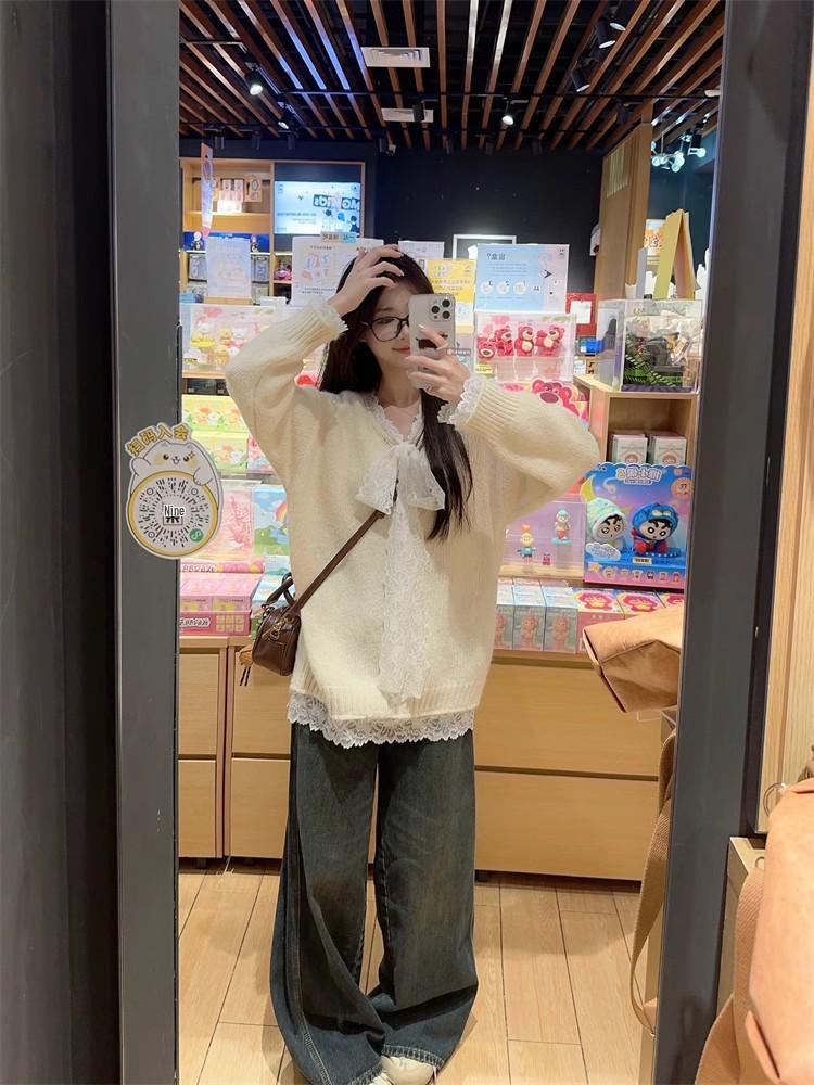 Korean Lace Bow V-Neck Long Sleeve Sweater - Autumn/Winter Design