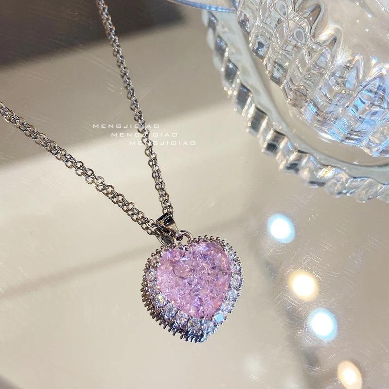 

Pink ice flower love zircon pendant necklace female, Japanese and Korean ins Internet celebrity sweet cool girl collarbone chain necklace