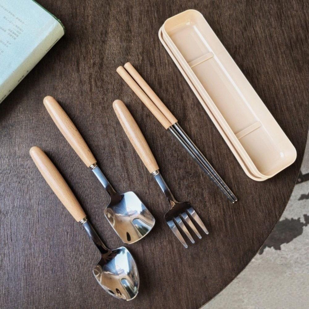 Stainless Steel Wooden Rice Soup Cake Fruit Fork Coffee Dessert Spoon for Family Dining