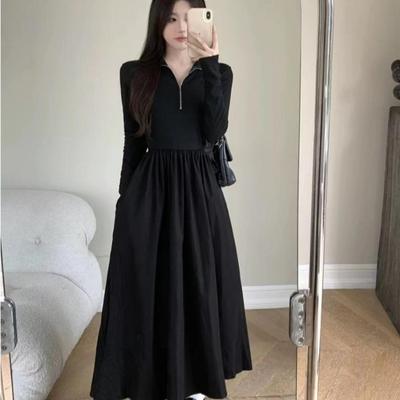 Fashion Stand Collar Zipper Spliced Folds Casual Dress Female Clothing  New Loose Korean Solid Color Princess Dress