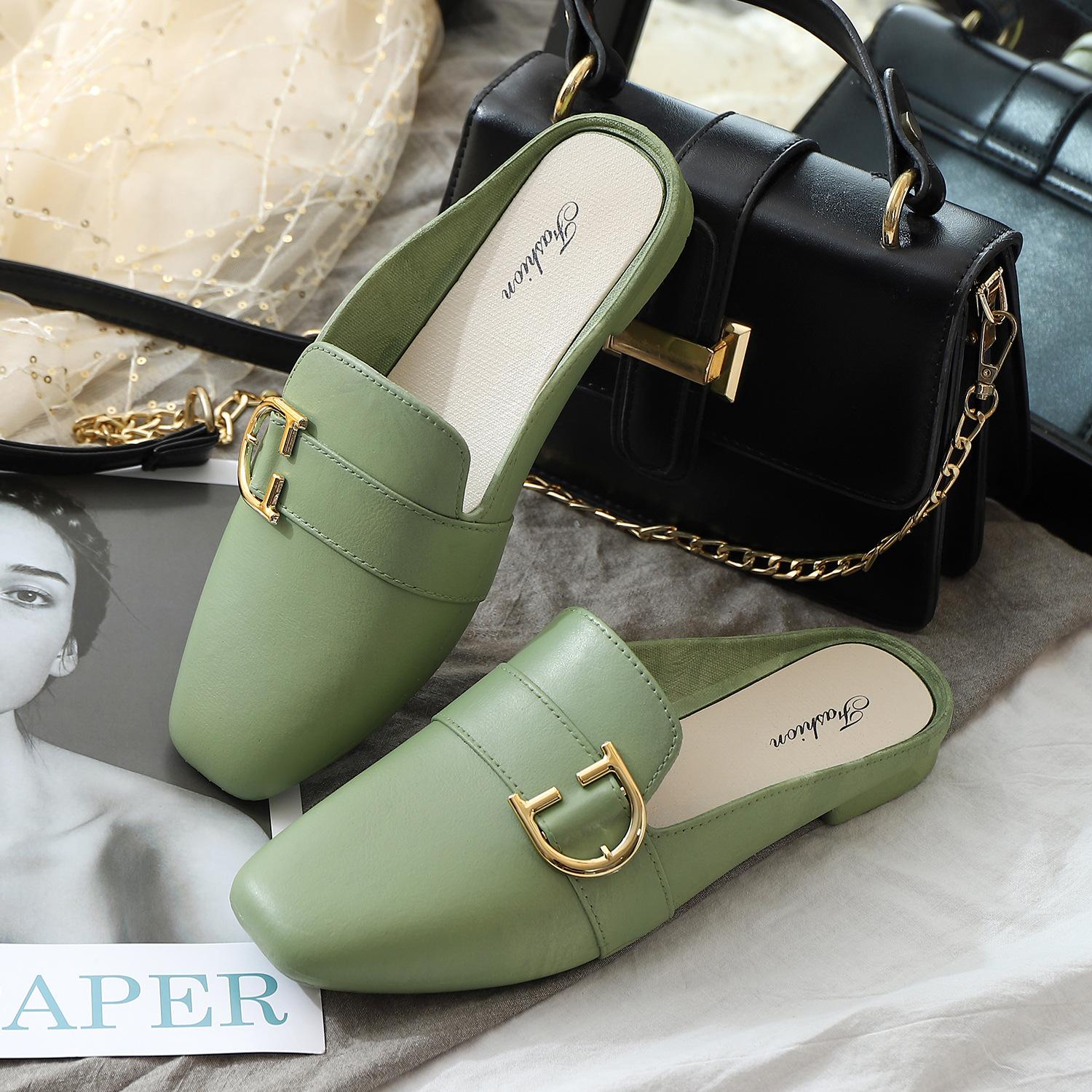 

2025 модные полутапочки женские повседневные туфли с пряжкой на голову однотонные туфли ленивые сандалии на одной педали уличные тапочки 40 зелёный