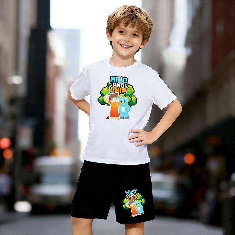

Boys 2 Piece Cute cartoon pattern printed Outfit, Short Sleeve T-Shirt and Shorts Set for Kids Age 5-14,Black and White Sporty Casual Summer Clothes 13-14 Years
