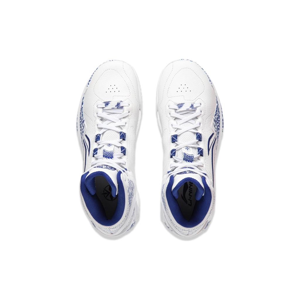 Li Ning Liren 4 Cyan Rayon Comfortable Cushioning, Wear Resistant Mid Top Basketball Shoes Men's White Blue ABAT141-1