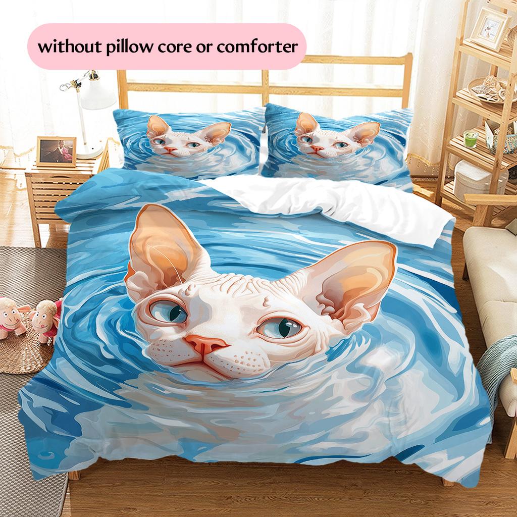Cat with Water Ripple Pattern Pattern Bedding Quilt Set  Home Decoration  Gift (1 * duvet cover + 2 * pillowcase  without core)