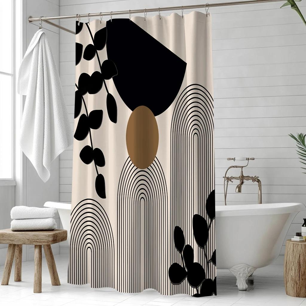 

Комплект занавесок для душа в стиле минимализма с абстрактным геометрическим рисунком и современными листьями - водостойкий декор для ванной комнаты из полиэстера с 12 плас 90*180cm