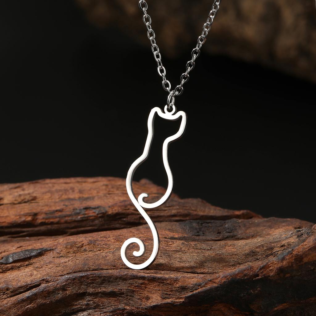 Lemegeton Long Tail Cute Cat Charm Pendant Necklace for Women Girls Animal Kitten Stainless Steel Necklace Jewelry Gift