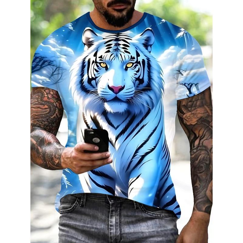 2026 Mens 3D Tiger Printed Short Sleeve Crew Neck T-Shirt Breathable Stretch Casual Fashion Tee  Party Weekend Wear Tops