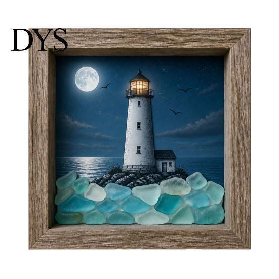 Eye-catching Home Decor Sea Glass Art Painting with LED Light, DIY Mosaic Arts and Craft Kit, Ambient Picture Frame Light Ocean Themed Beach