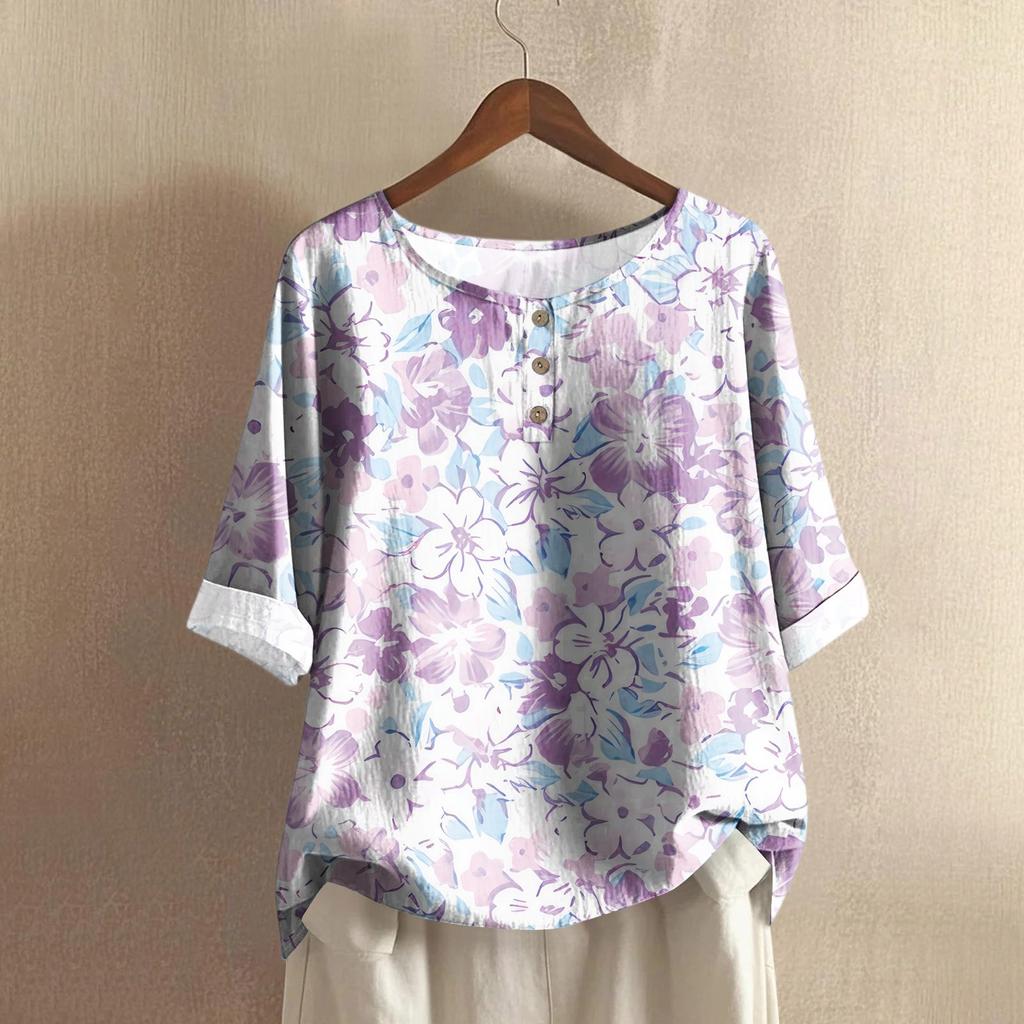Women's Casual Mid-sleeve Round Neck Retro Floral Print Cotton And Linen Top