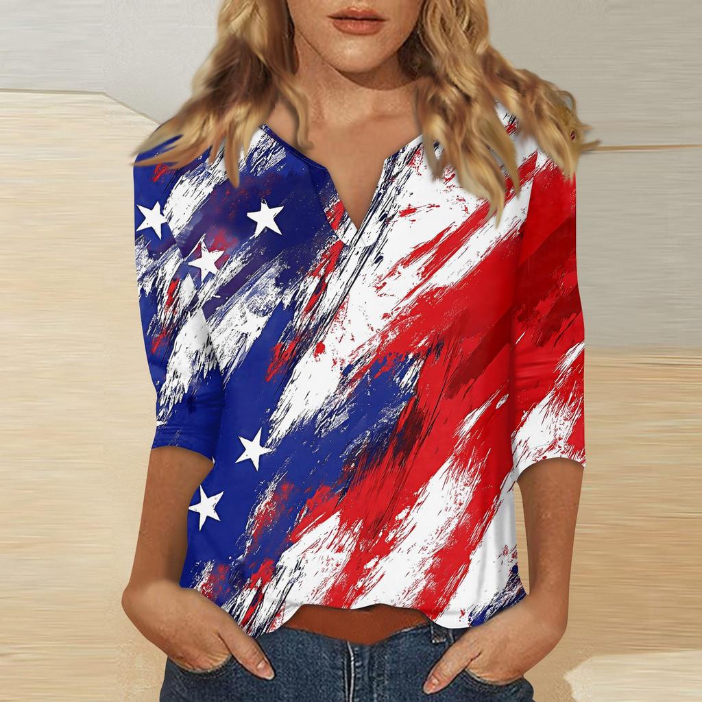 Womens V Neck 3 Quarter Sleeve Independence Day Print Shirt Casual Loose Fit Patriotic Top for Summer and Fall