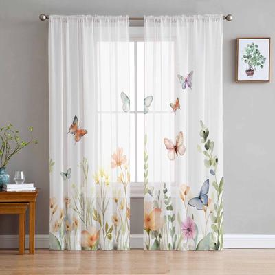 Butterfly Flowers And Flowers Sheer Curtains for Kids Bedroom Living Room Voile Window Curtains Tulle Drapes
