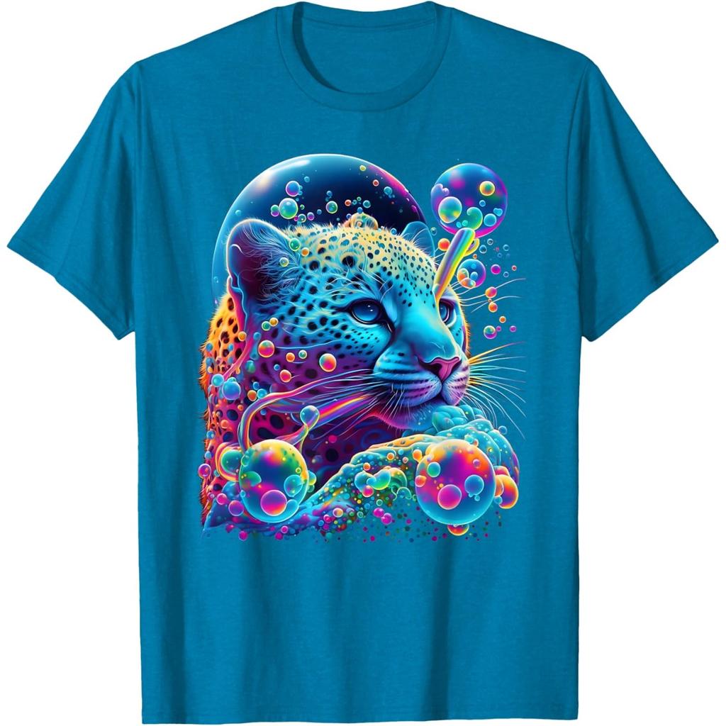 Neon Bubble Leopard Graphic Tee Men Short Sleeve Round Neck Cotton T-Shirt Casual Street Wear
