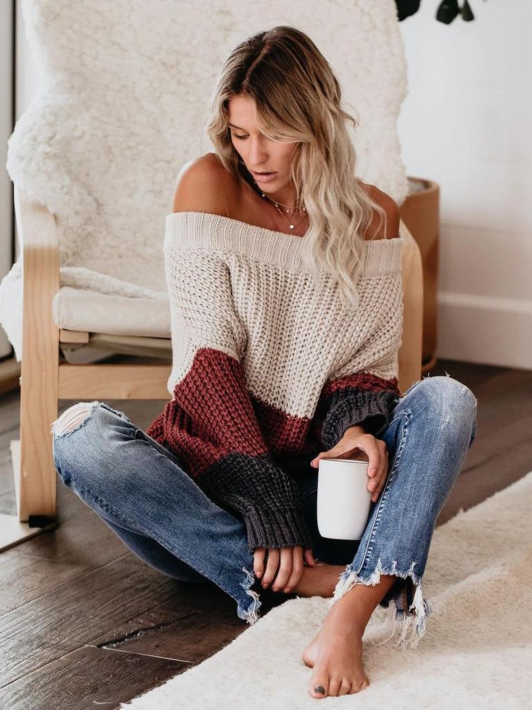 Women's Autumn Winter Knit Set Sweater Loose Patchwork Color One-Shoulder Crewneck Pullover