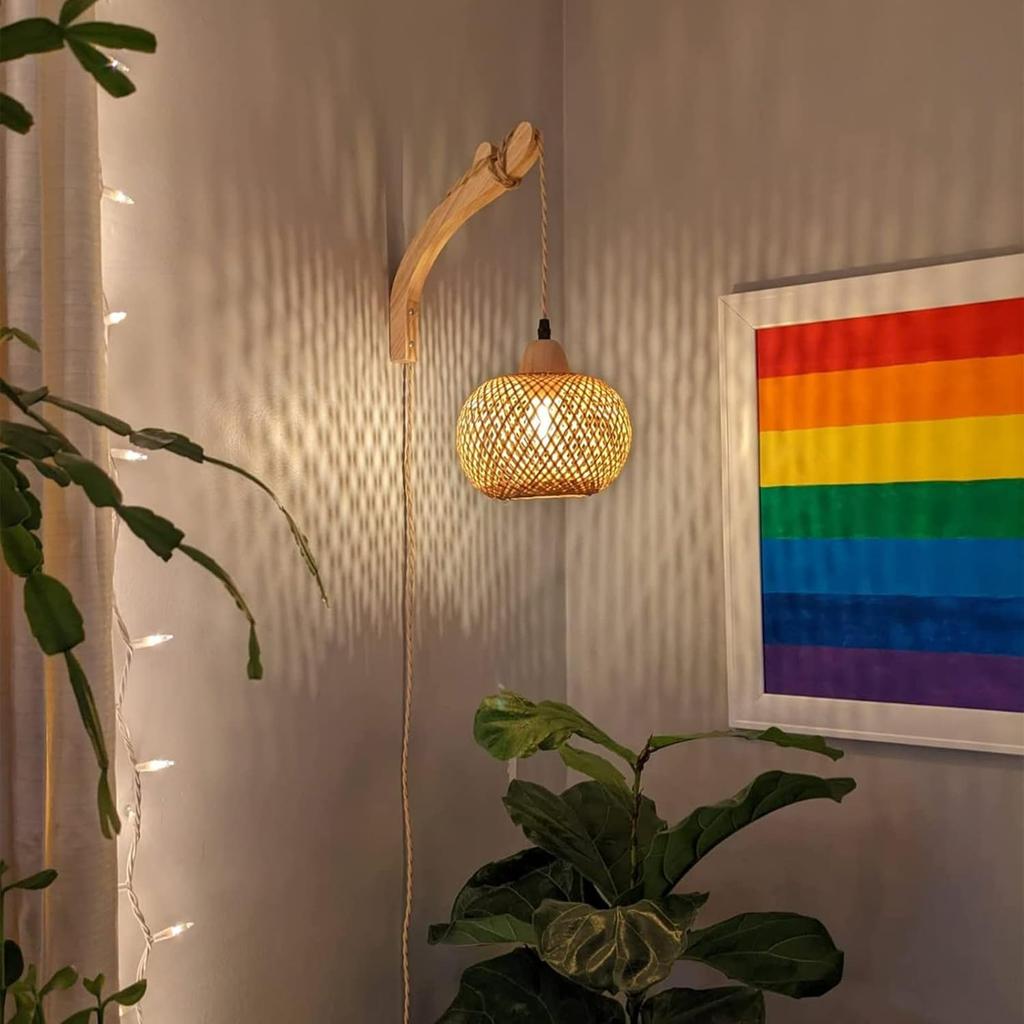 Plug In Wall Sconces Wicker Wall Lamp with Plug In Cord Hand Light Farmhouse Rustic Wall Sconces Boho Sconces Wall Lighting for Living Room Bedroom