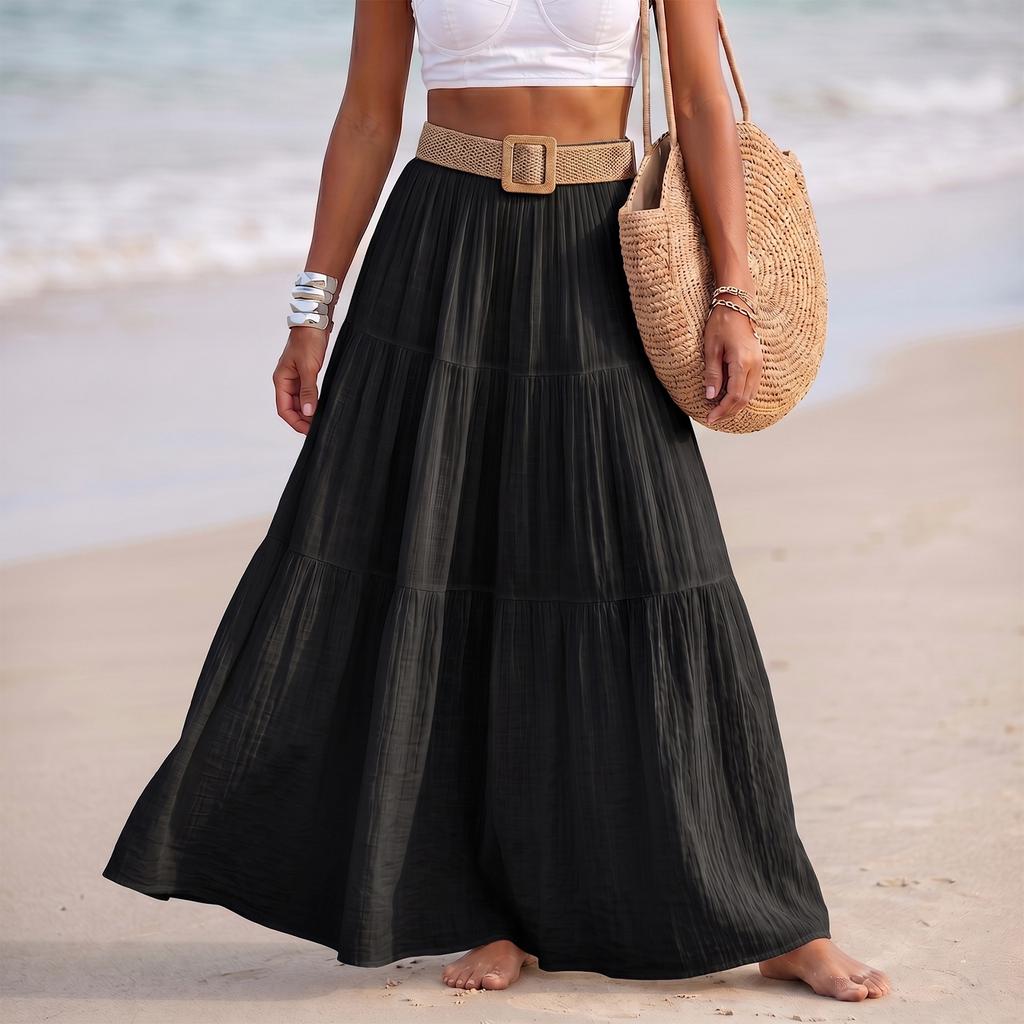 Women Fashion Solid Elastic Waist Patchwork Tiered Maxi Skirt Holiday Beach Linen Blend Casual Long Skirt with Belt