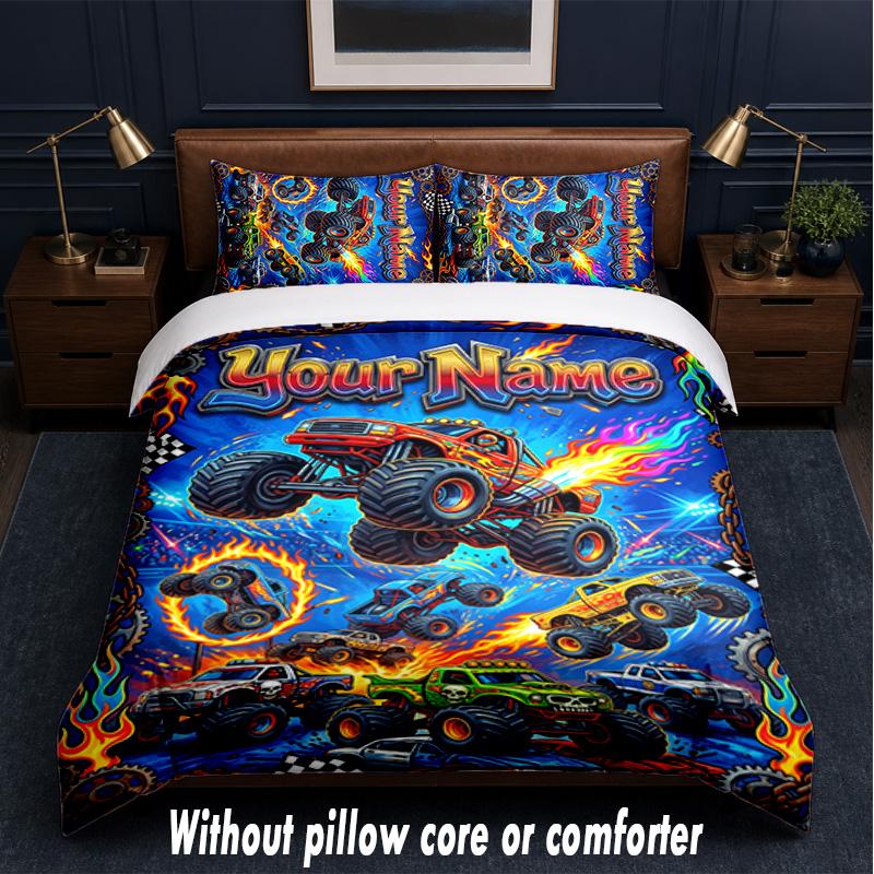 Monster Truck Theme Custom Text Or Name 3Pcs Bedding Set,1 Flat Sheet & 2 Pillowcases Personalized Home Bedding