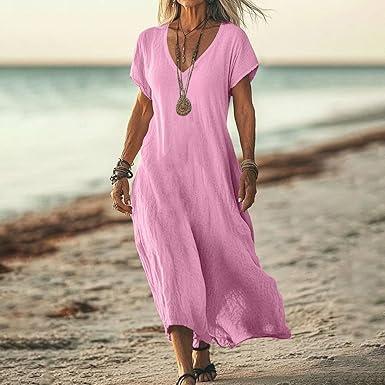 Women's V Neck Short Sleeve Loose Linen Cotton Maxi Dress Solid Crinkle Flowy Long Casual Dress