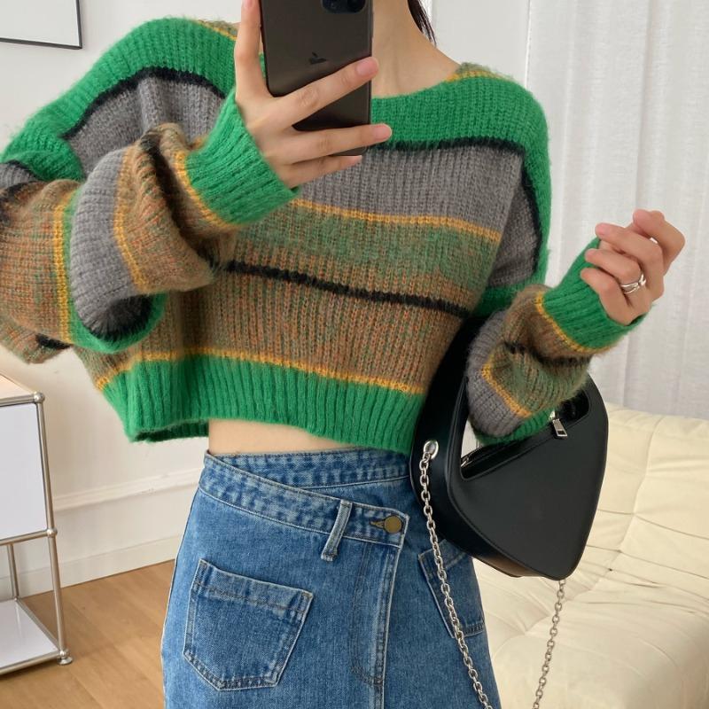 

Осенний короткий вязаный свитер, топы, женская свободная одежда, зимние свитера с длинным рукавом, женские модные полосатые трикотажные изделия 28946 One Size зелёный