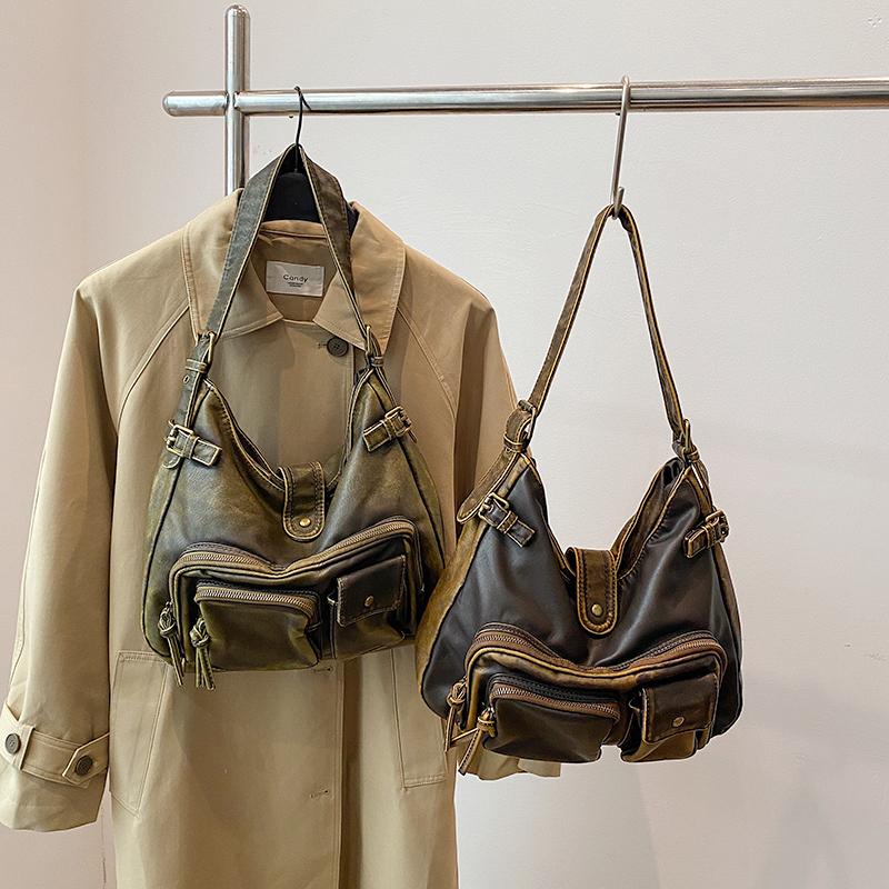 Women's Fashion Washed Old Spice Girl Locomotive Bag Multi-pocket Japanese and Korean Trend Shoulder Bag