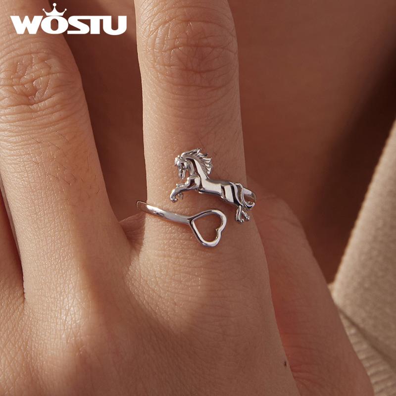 WOSTU Solid 925 Silver Lovely Horse Heart Open Ring For Women Original Animal Style Statement Rings Unique New Year Gift