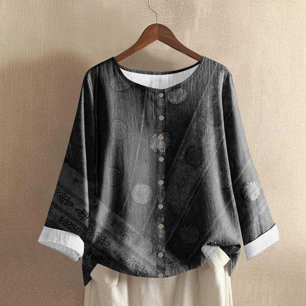 Women's Casual Long-sleeved Round Neck Retro Geometric Print Cotton And Linen Top