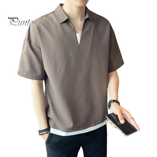 

Летняя мужская рубашка с V-образным вырезом и лацканами, однотонная, из искусственного шелка, с короткими рукавами, свободный свитер, эластичная повседневная футболка, спортивный топ L коричневый