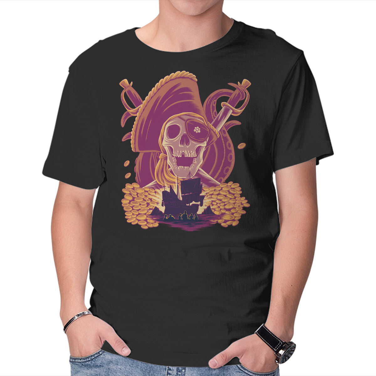 Unisex Crew Neck T-Shirt Pirate’s Treasure Graphic Short Sleeve Casual Tee L